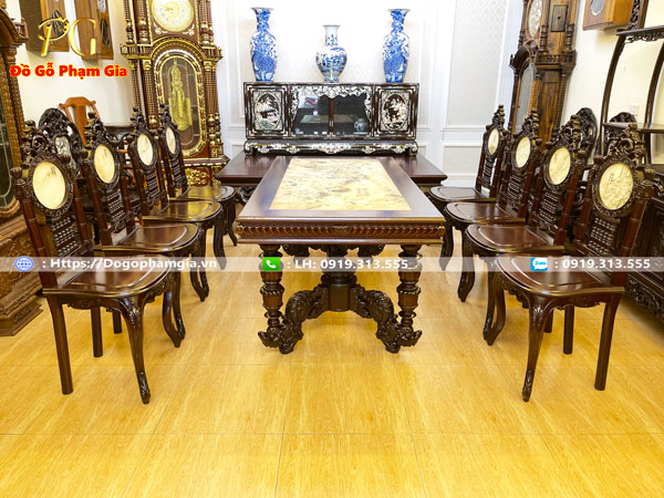 Thông tin kích thước bộ bàn ăn cù lá chạm hoa lá tây