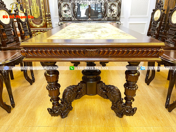 Thông tin kích thước bộ bàn ăn cù lá chạm hoa lá tây