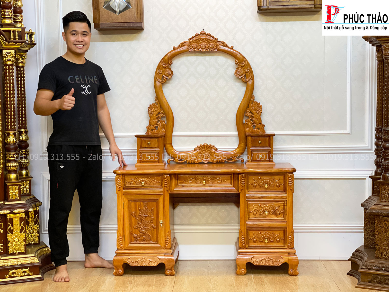 Mua bàn trang điểm chạm hoa hồng tại Đồ Gỗ Phạm Gia