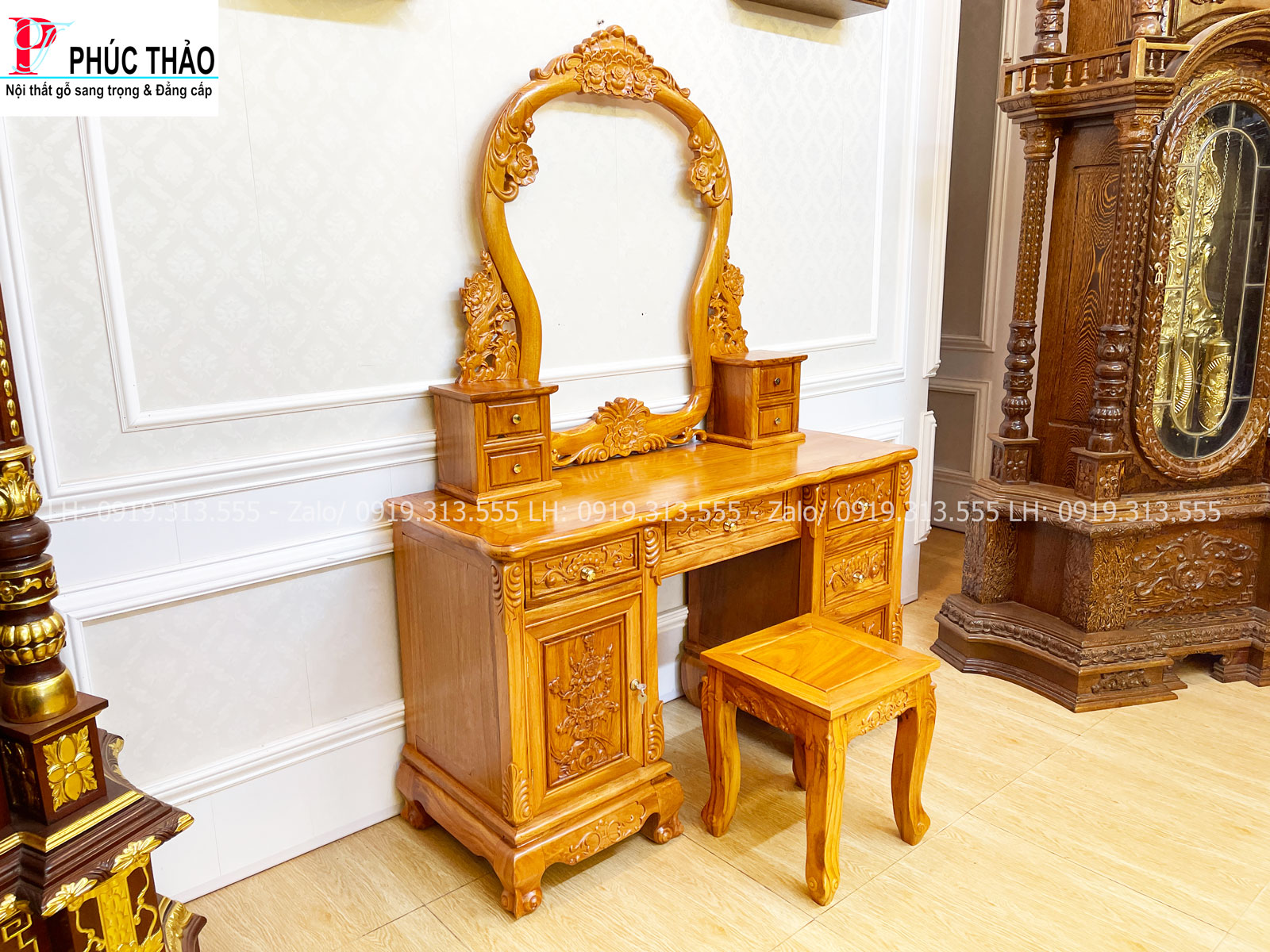 Thông tin kích thước bộ bàn trang điểm gỗ gõ