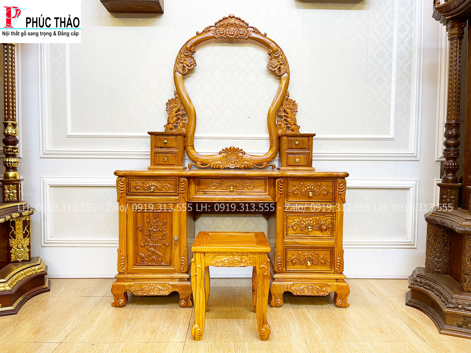 Thông tin kích thước bộ bàn trang điểm gỗ gõ