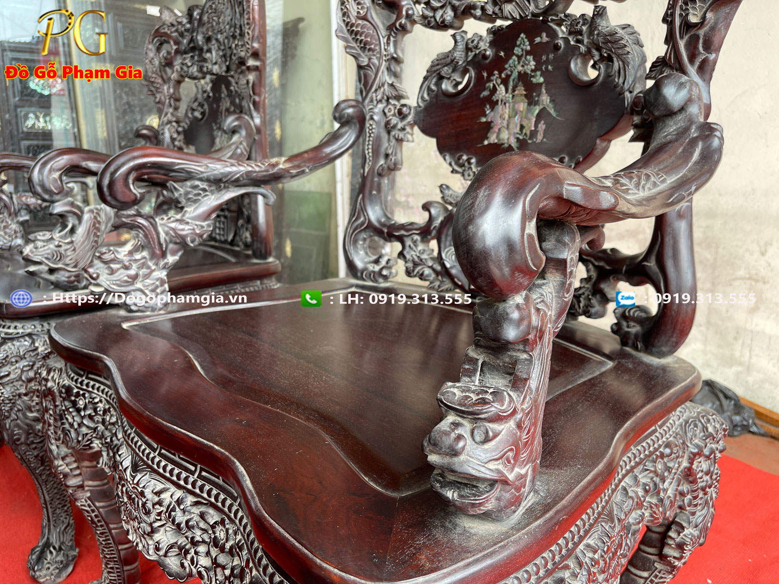 Hình ảnh chi tiết bộ bàn ghế louis khánh rồng gỗ gụ