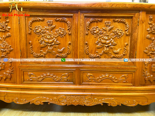Mua kệ tivi gỗ hương chạm hoa hồng tại Đồ Gỗ Phạm Gia