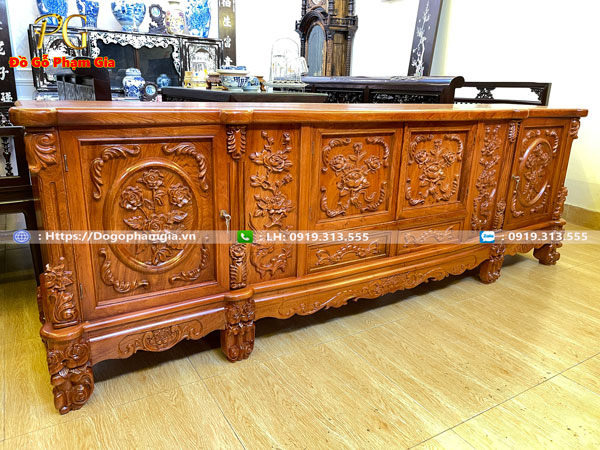 Mua kệ tivi gỗ hương chạm hoa hồng tại Đồ Gỗ Phạm Gia