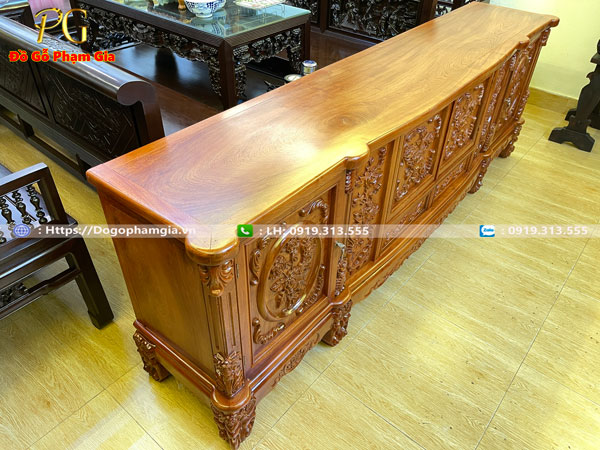 Mua kệ tivi gỗ hương chạm hoa hồng tại Đồ Gỗ Phạm Gia