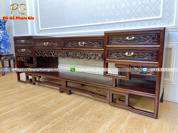 Hình ảnh chi tiết mẫu kệ tivi móc mỏ gỗ gụ