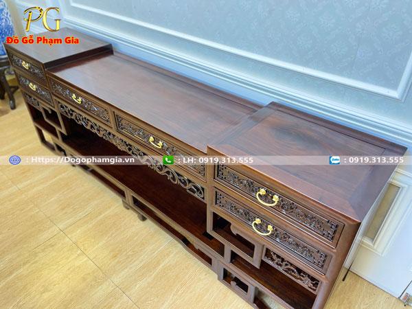 Hình ảnh chi tiết mẫu kệ tivi móc mỏ gỗ gụ