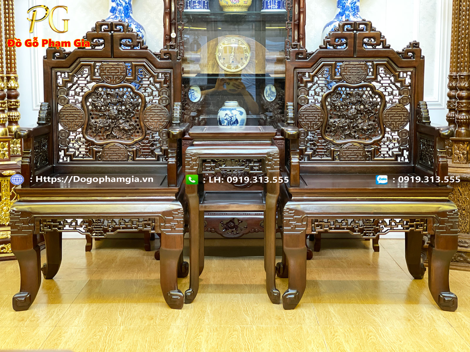 Hình ảnh bô ngũ lân vờn cầu gỗ gụ