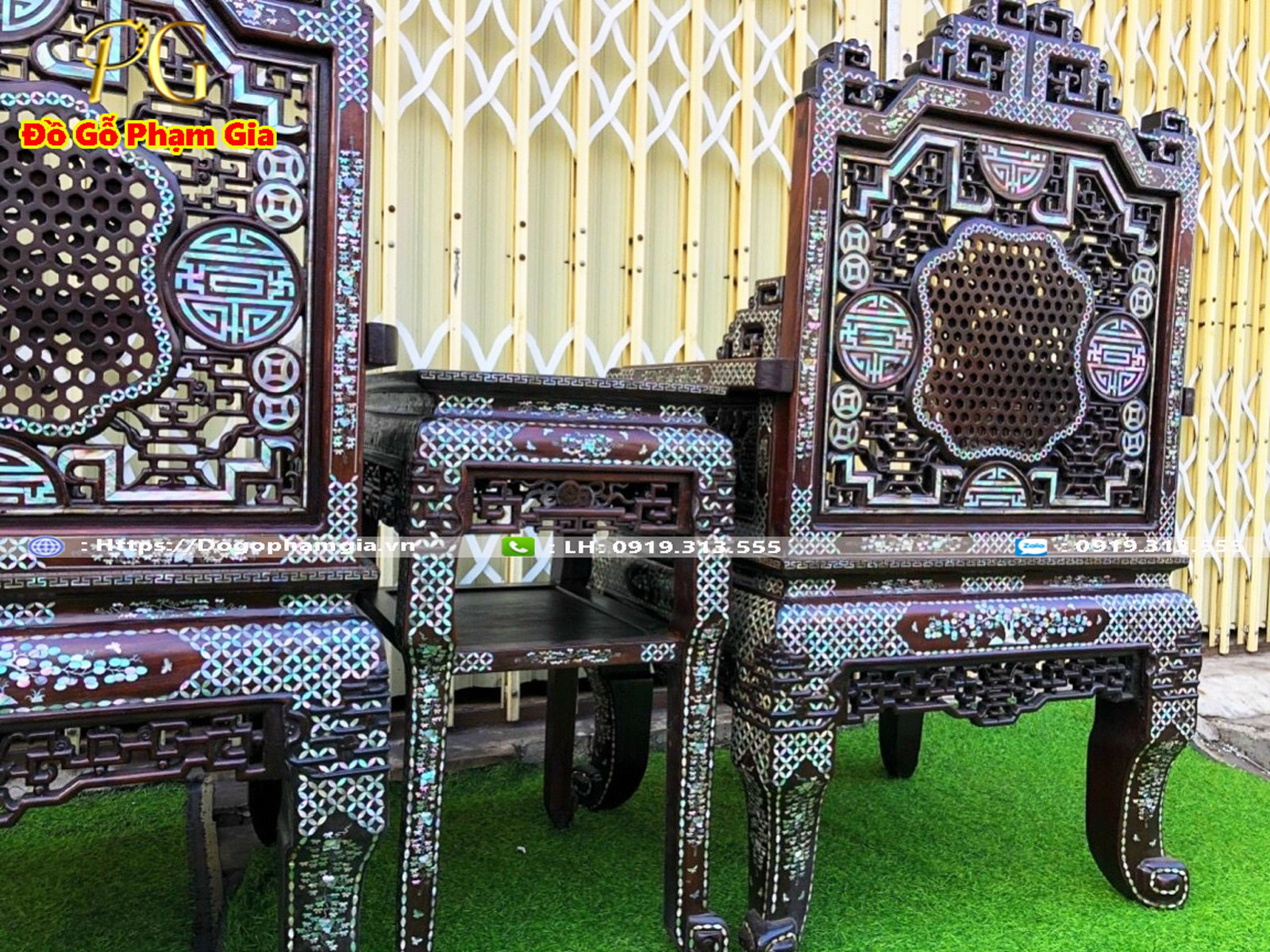 Hình ảnh bộ trường kỷ ngũ lân vờn cầu gỗ gụ khảm ốc