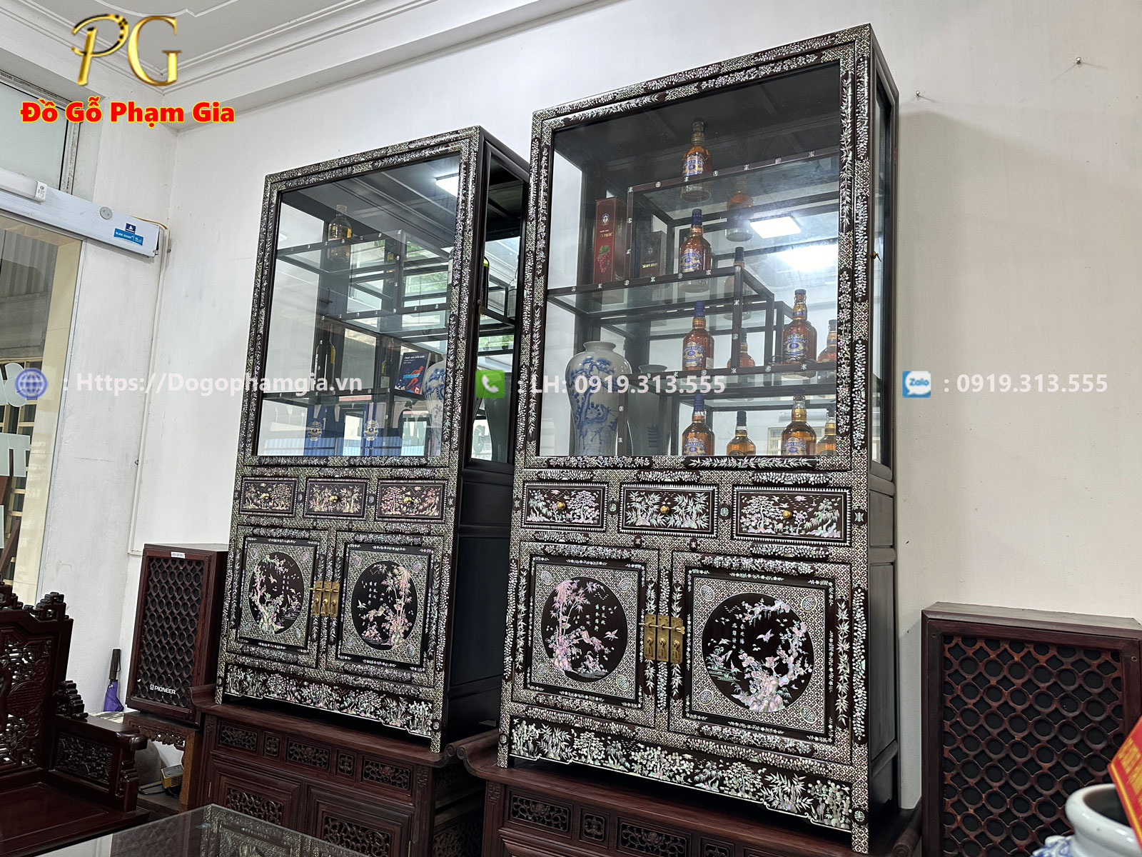 Đồ Gỗ Phạm Gia nới chế tác tủ bày đồ cẩn ốc gỗ gụ 