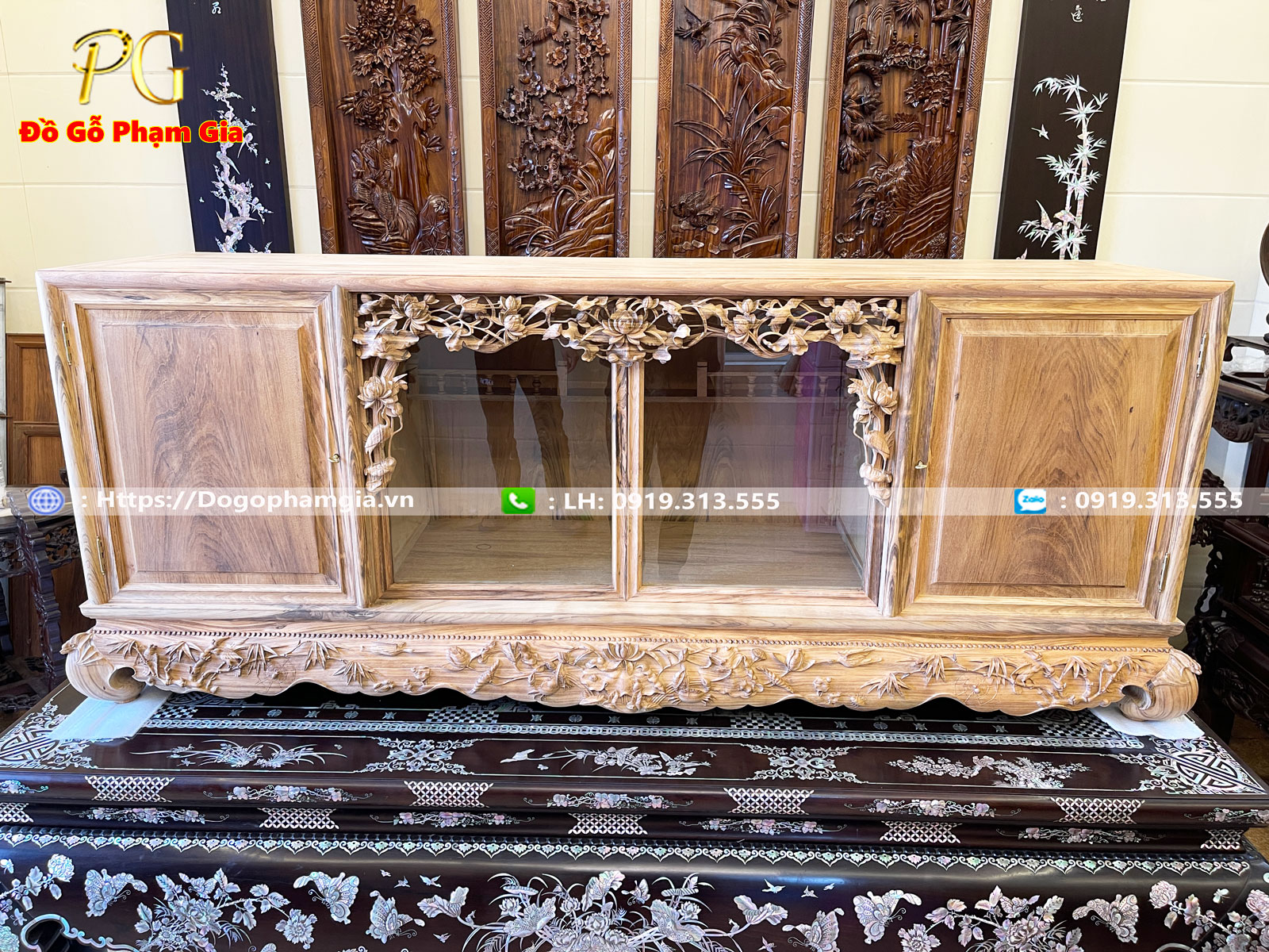 Thông tin kích thước tủ chè chạm sen vịt gỗ gụ ta