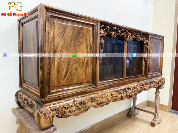Tủ chè gụ ta cáng bằng chạm sen vịt