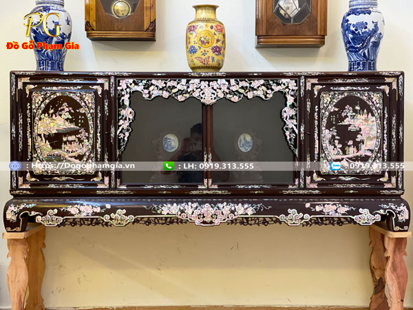 Hình ảnh chi tiết tủ chè gỗ gụ khảm ốc liên chi