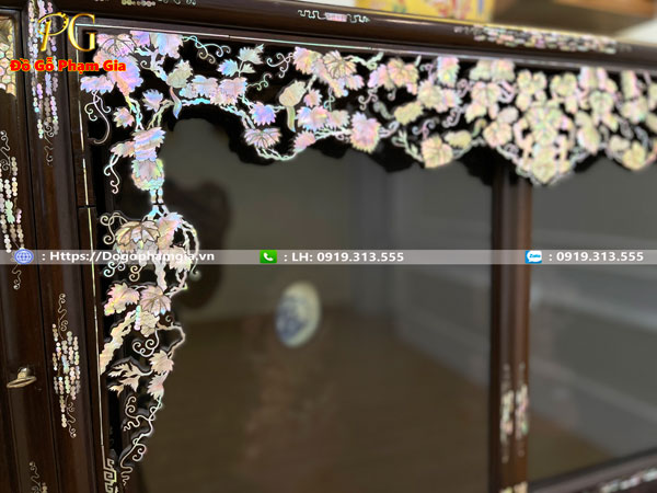 Hình ảnh chi tiết tủ chè gỗ gụ khảm ốc liên chi