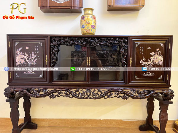 Hình ảnh chi tiết tủ chè gỗ gụ khảm cánh mai treo