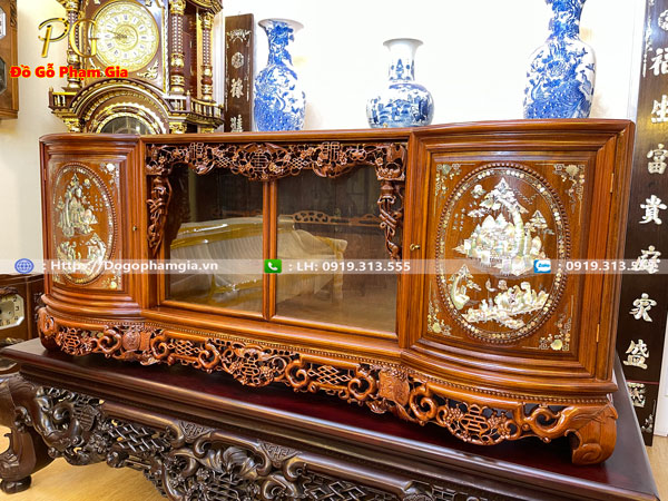 Tủ chè cánh cong gỗ gụ khảm tích đẹp 