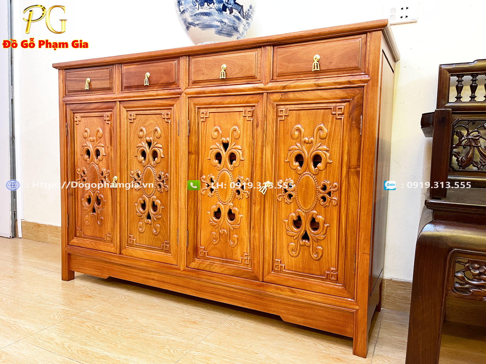 Tủ giày dép chạm hoa lá tây gỗ gõ tự nhiên